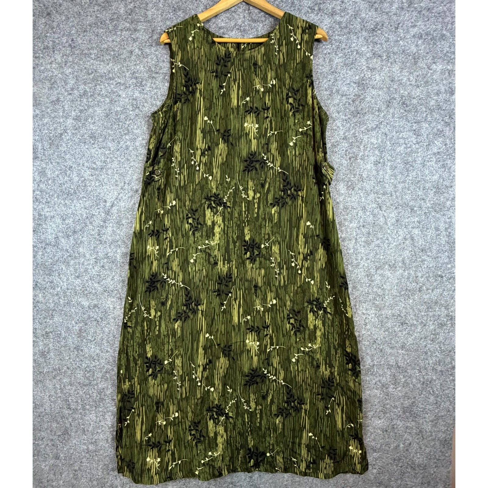 Vintage Sag Harbor Shift Dress Womens Xl Olive Green Floral 90s Office Chic